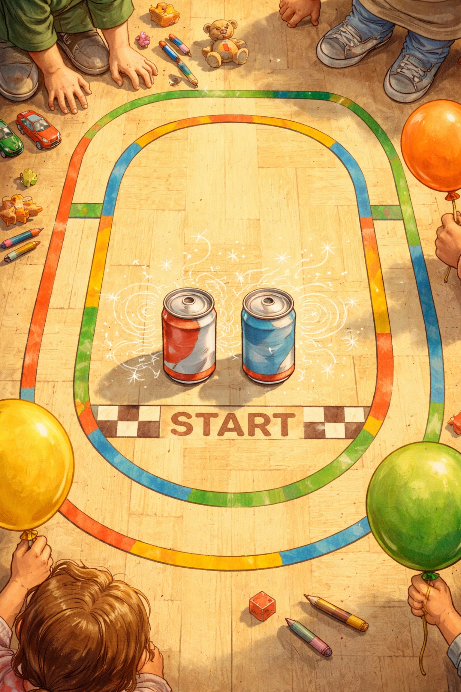 Family prepares for a static electricity can race on a taped track, highlighting hands-on science fun at home.