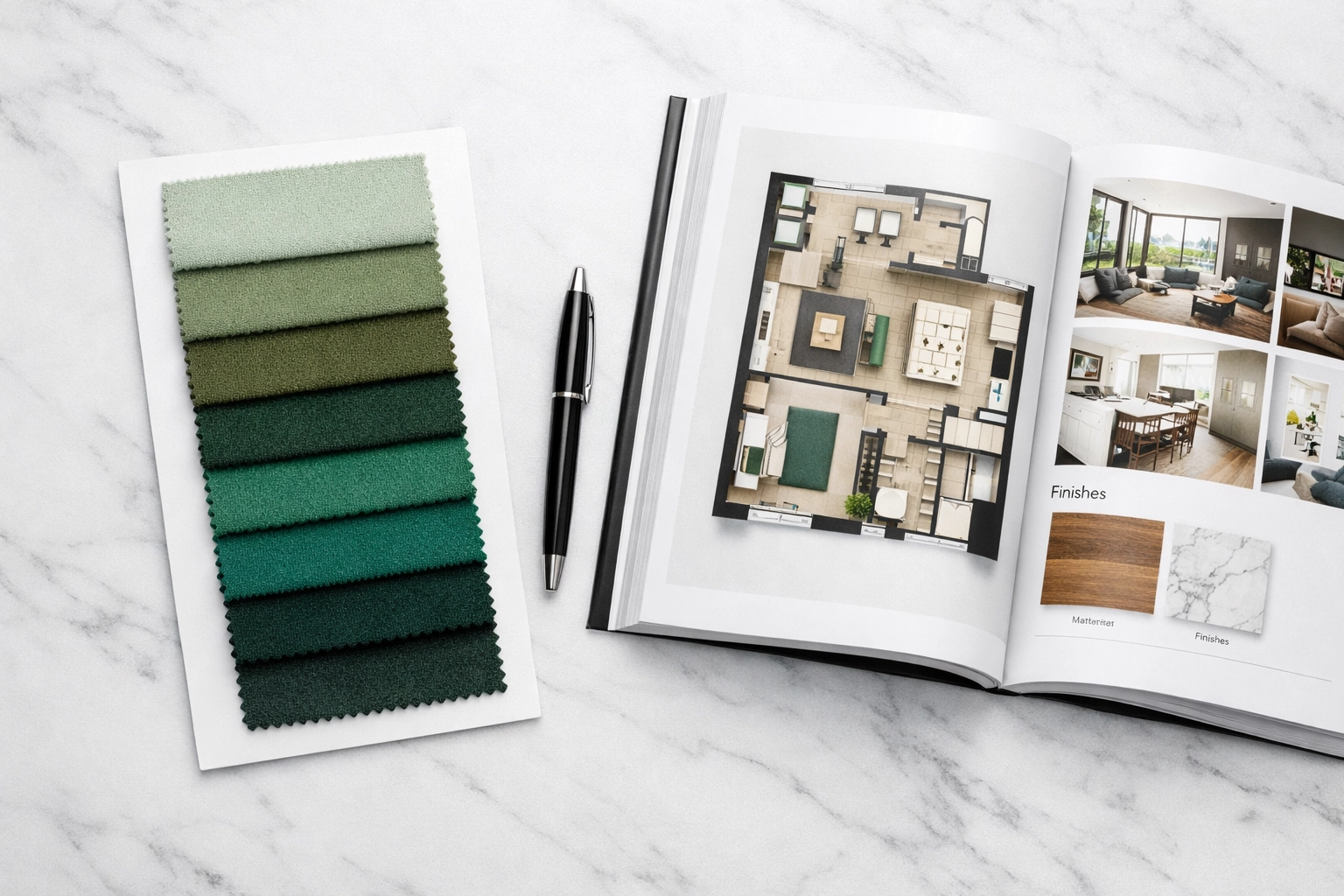 Modern interior design project planning with green fabric swatches and architectural floor plans.