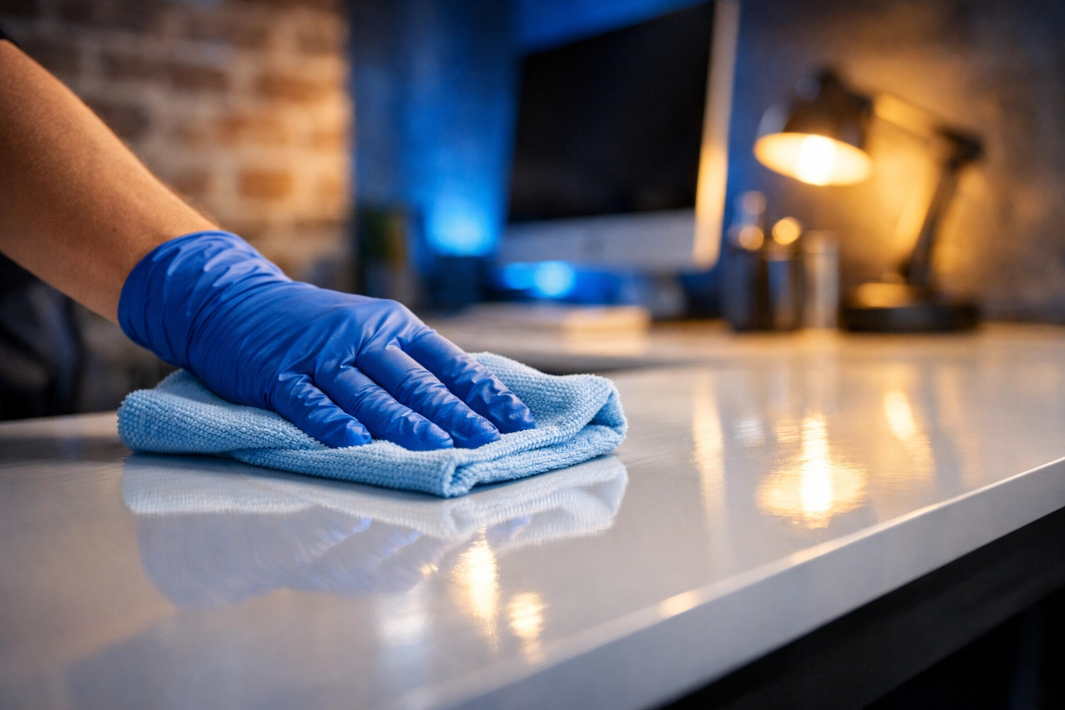 Professional cleaner sanitizing a minimalist workstation desk for premium office cleaning Boston MA services.