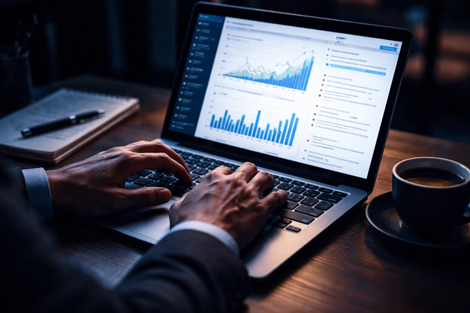 Close-up of hands typing analytics data on a laptop, emphasizing digital strategy for Brisbane bakery SEO content and local authority.