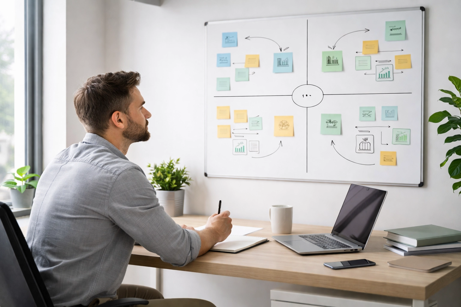 Contractor business owner evaluating systems installation on a whiteboard, representing operational organization