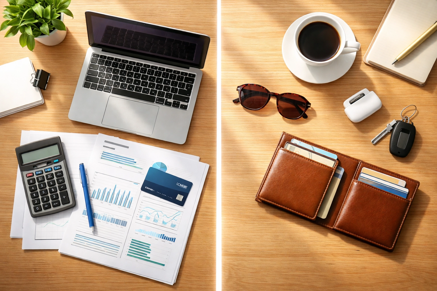 Business and personal expenses clearly separated on a desk, illustrating the importance of keeping business finances organized for tax preparation.