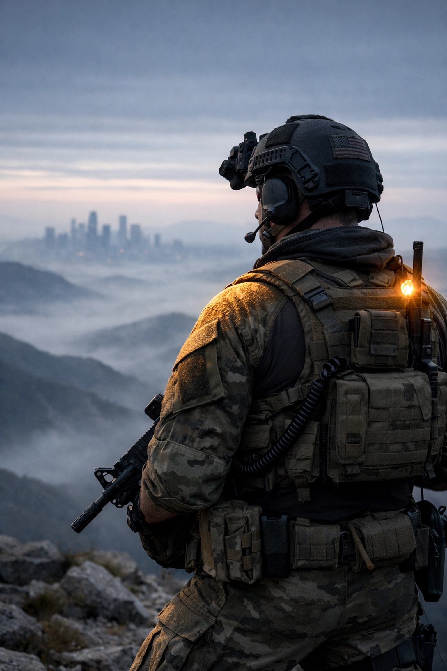 Warrior-Steward on a ridge overlooking a city, symbolizing strategic oversight and readiness for the New Economy.