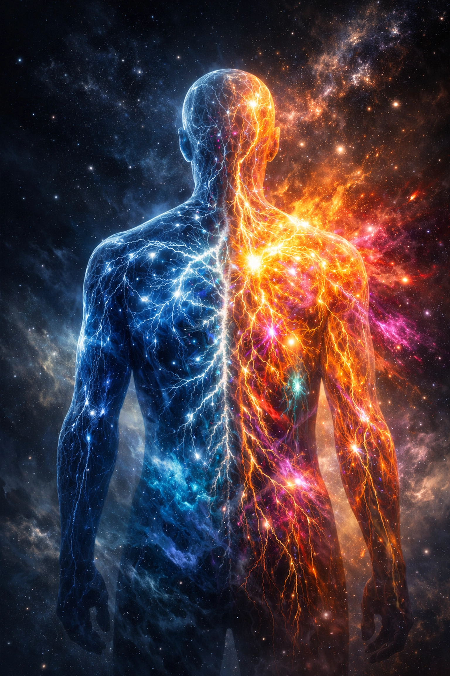 A glowing nervous system within a human silhouette symbolizing the power to master emotions and be more peaceful.