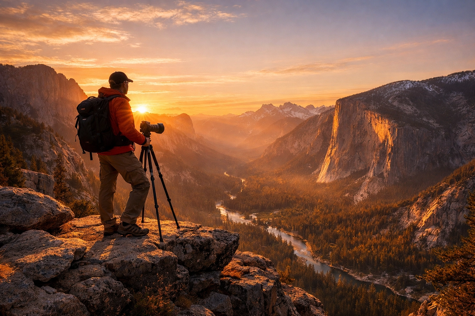 Landscape photographer at a National Park sunset, highlighting the rewards of a professional photography career.