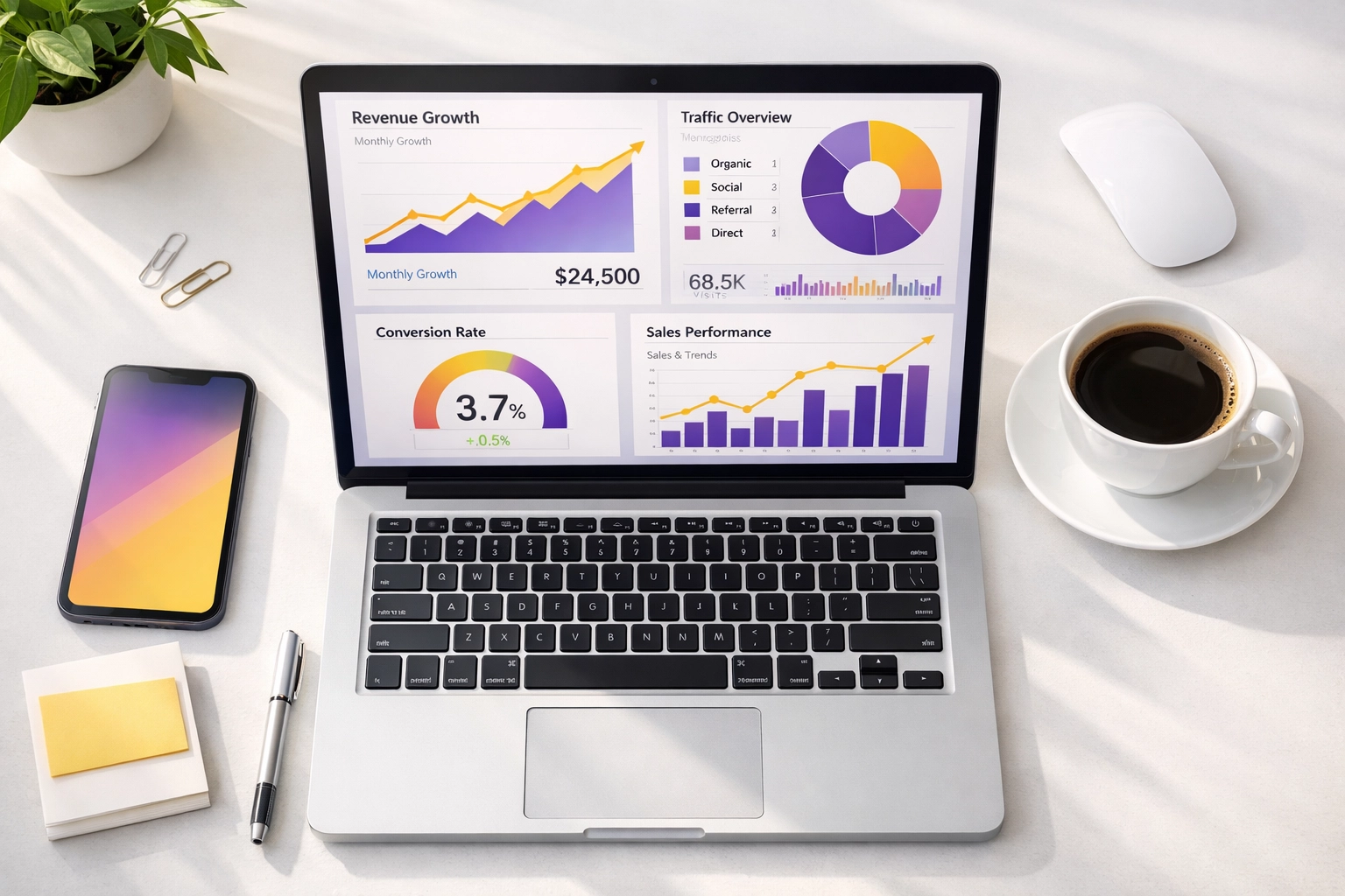 Marketing analytics dashboard showing growth metrics for outsourced marketing team performance