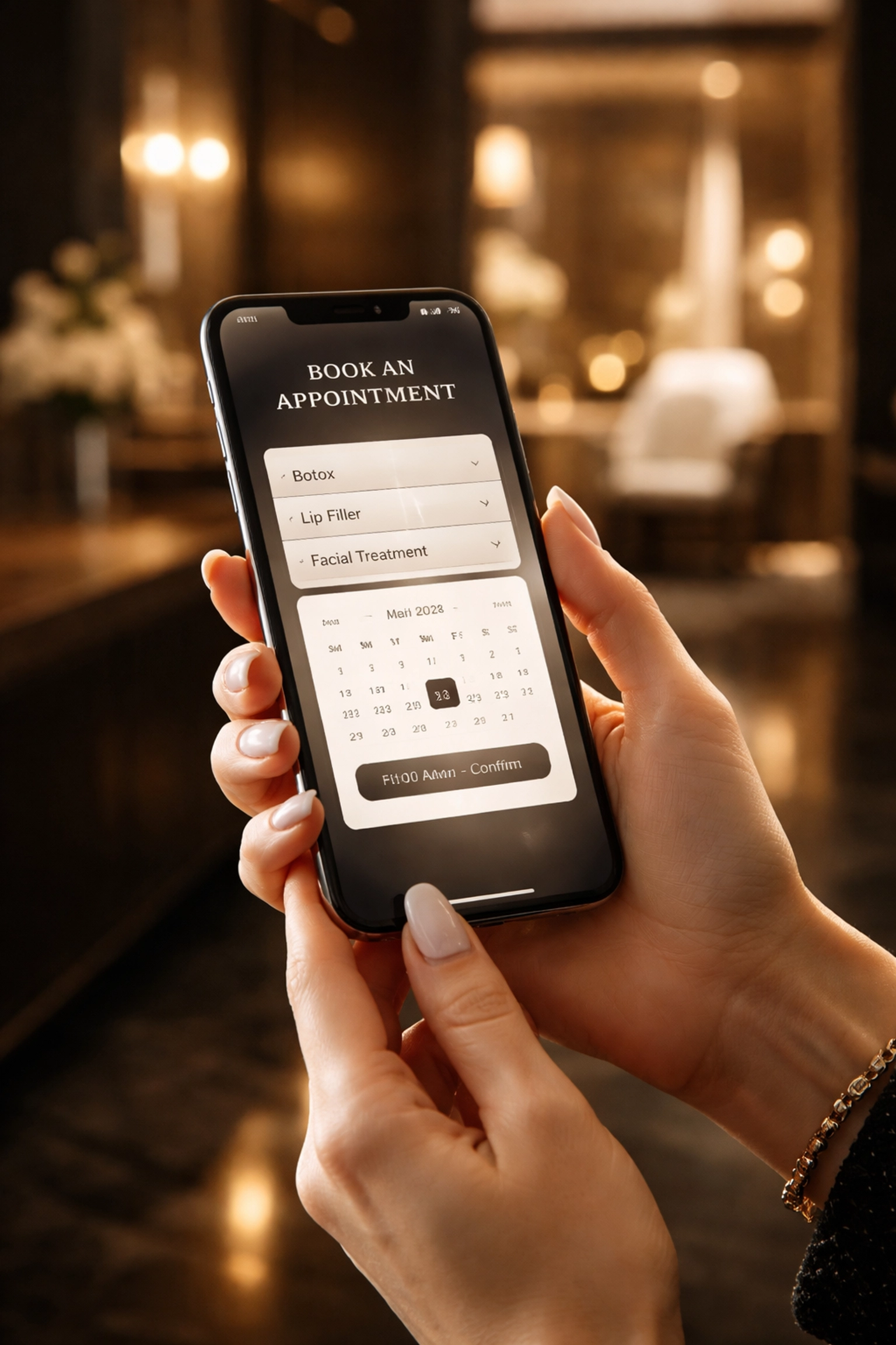 Woman booking a cosmetic procedure on her smartphone in a high-end Brisbane clinic setting