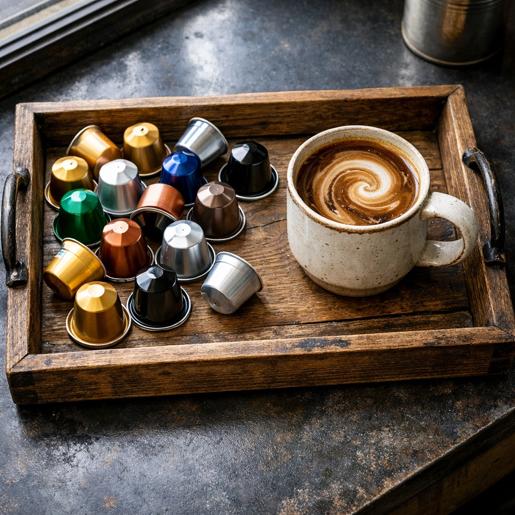 Assorted mold-free coffee pods and a fresh cup of coffee on an industrial-style wooden tray.