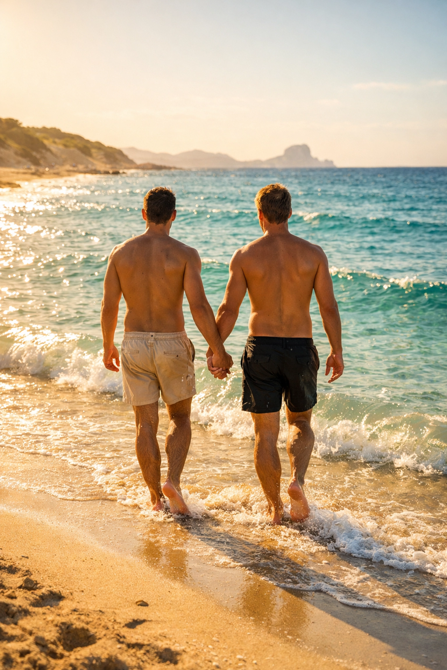 Gay couple walking hand-in-hand at Es Cavallet nudist beach, Ibiza