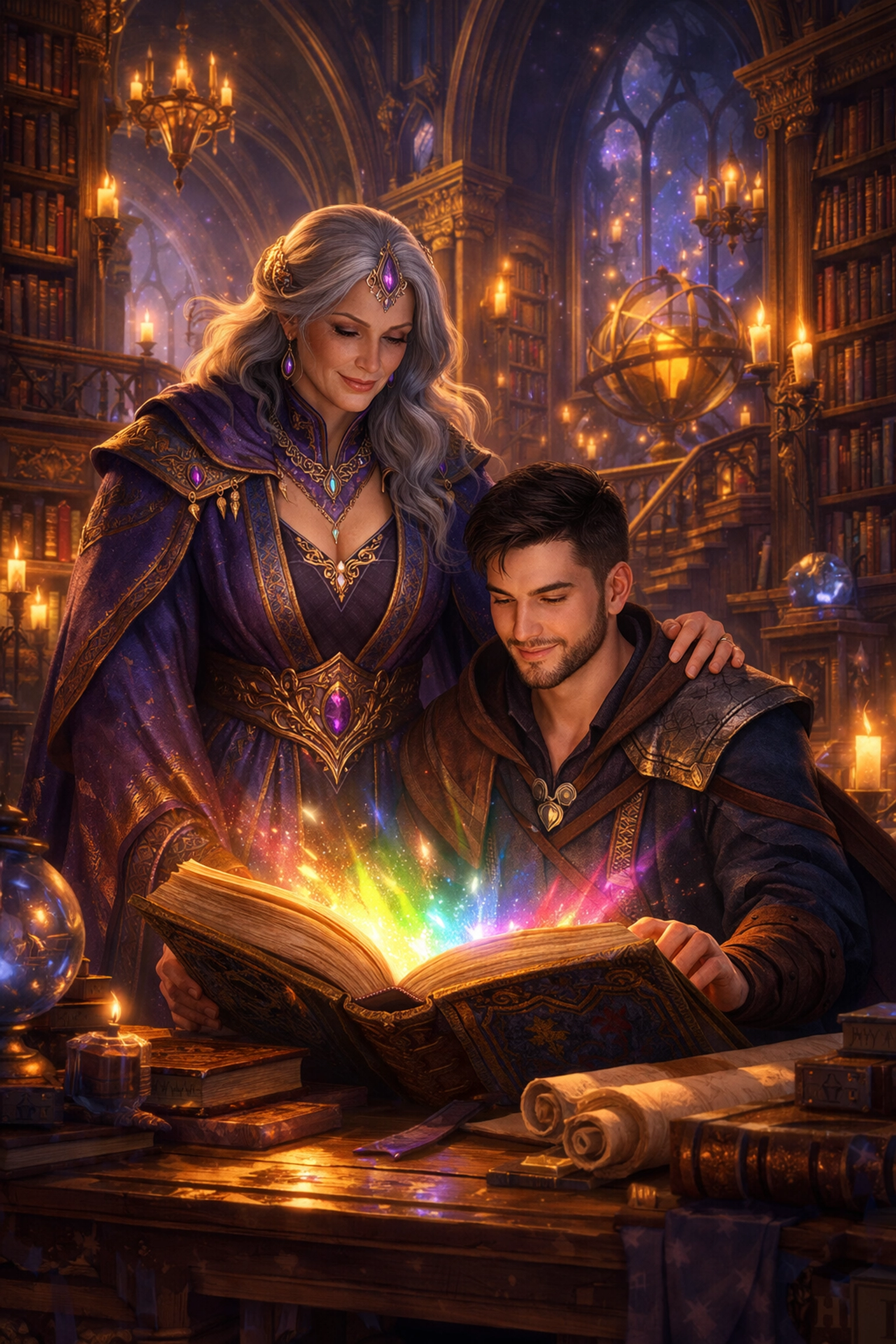 A maternal mentor guides a young man in a library, reflecting mother figure tropes in MM fantasy books.