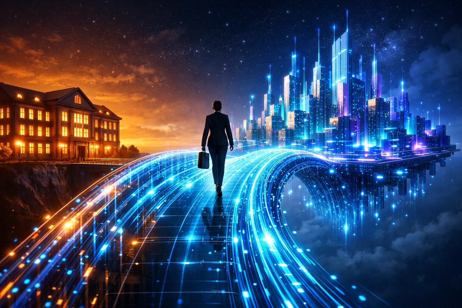 HR-Transformation: Ein Manager geht über eine digitale Datenbrücke in die moderne Arbeitswelt.