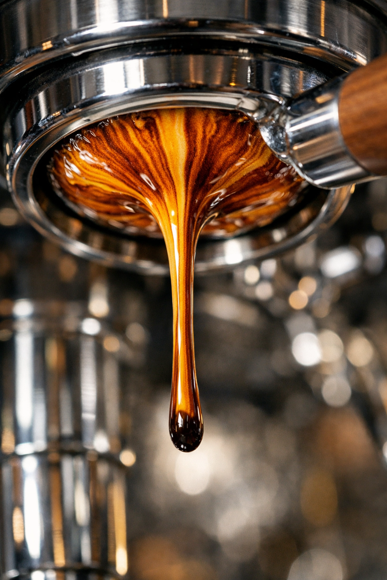 Flawless espresso extraction from a bottomless portafilter showing rich golden crema and steady flow.