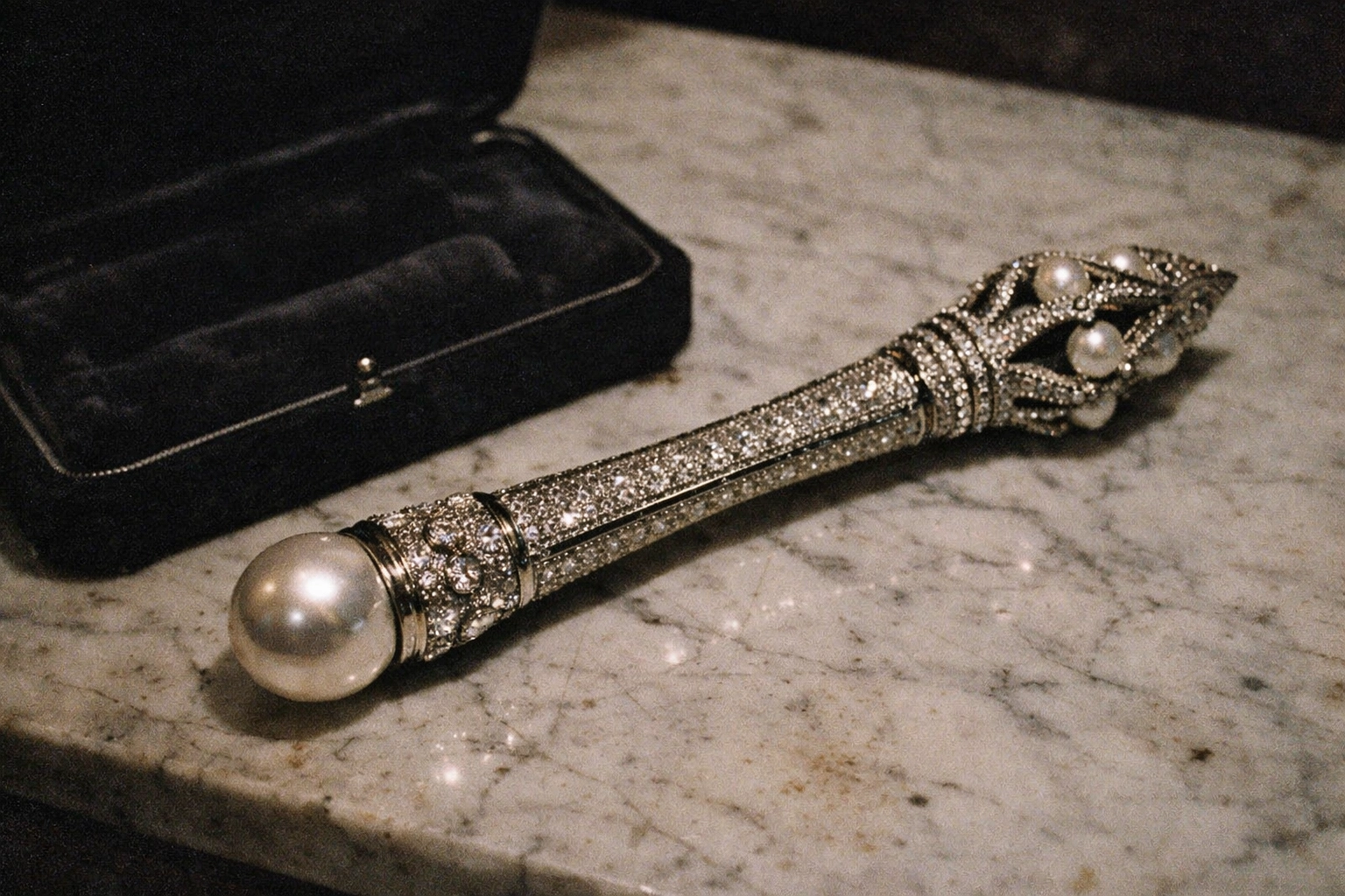 A diamond-and-platinum encrusted scepter-style vibrator shot in gritty documentary 35mm style