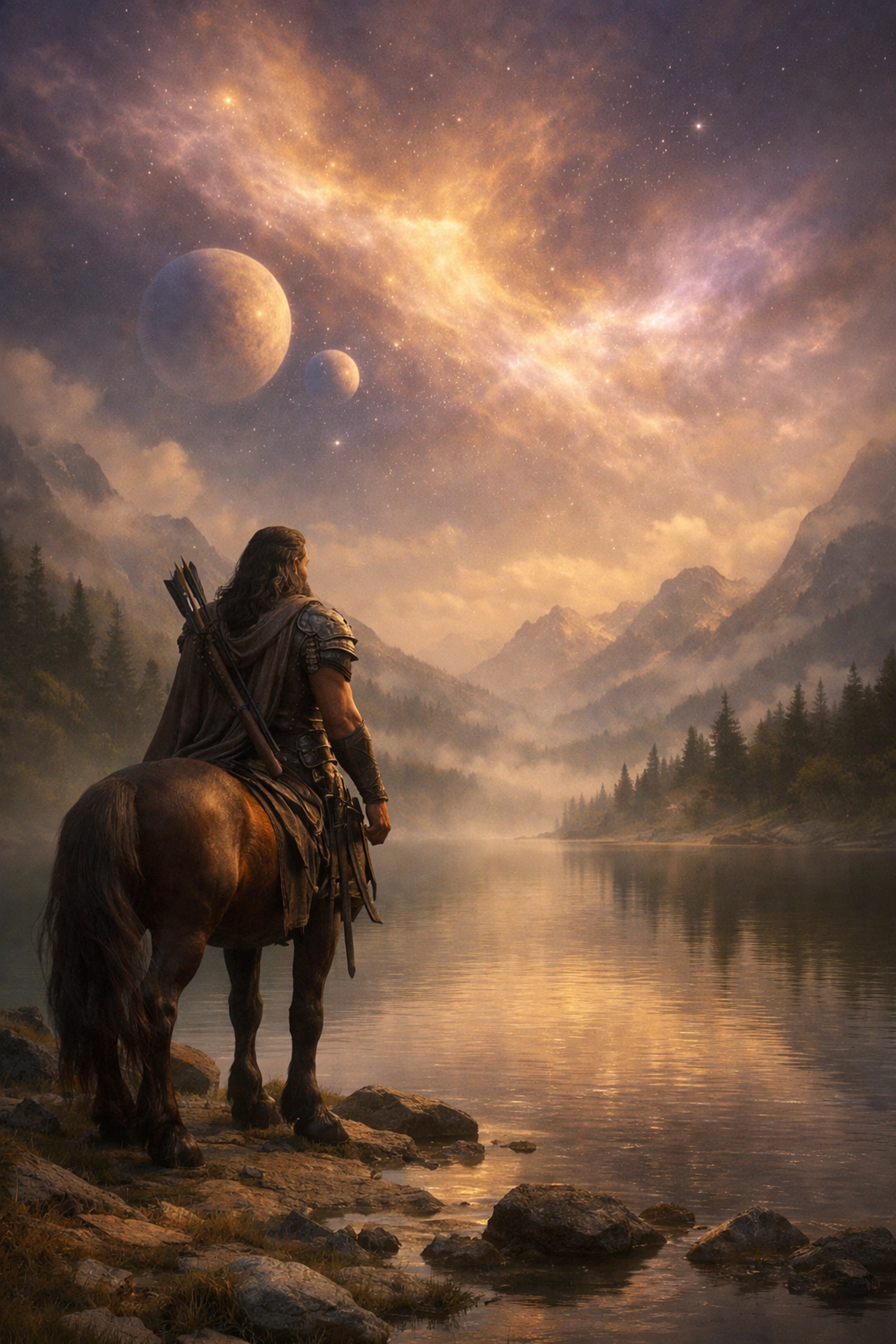 A centaur standing by a misty lake under a cosmic sky, representing Chiron the Wounded Healer.