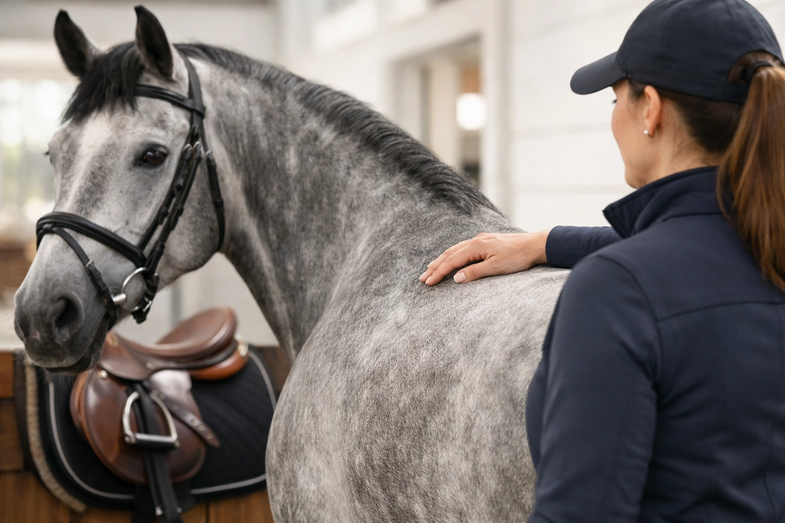 Professional assessing a grey horse's back muscles as part of a holistic equine sports therapy program.