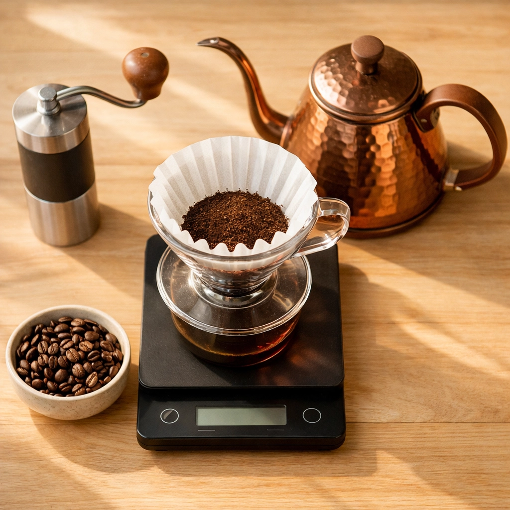 Pour-over coffee brewing equipment including V60 dripper, gooseneck kettle, scale, and grinder