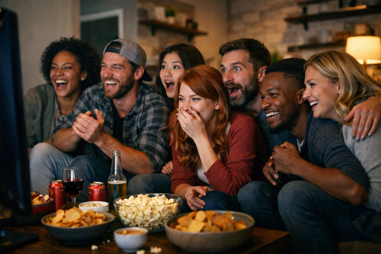 Diverse audience watching Super Bowl together showing emotional engagement and connection