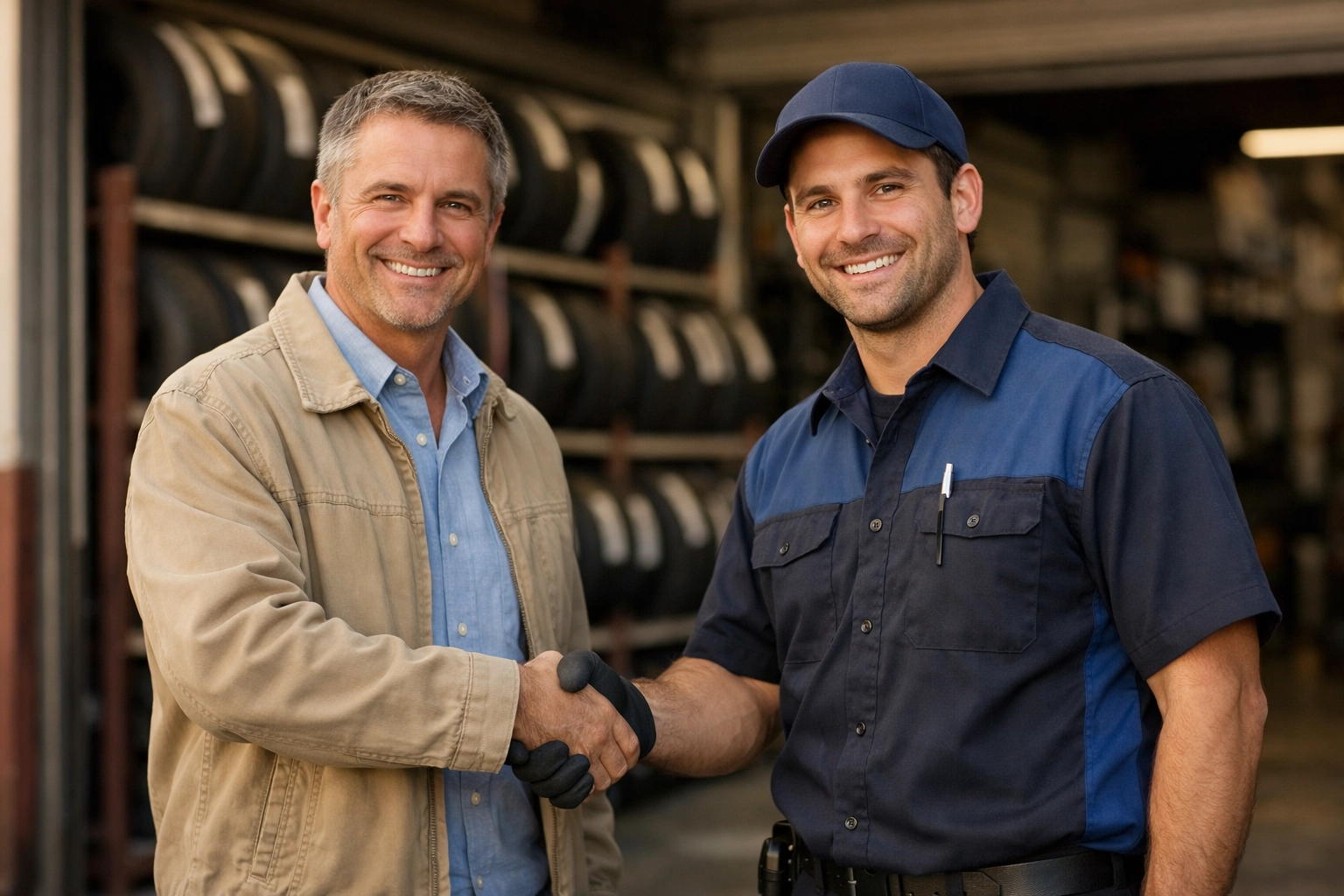 Satisfied tire shop customer shaking hands with service technician