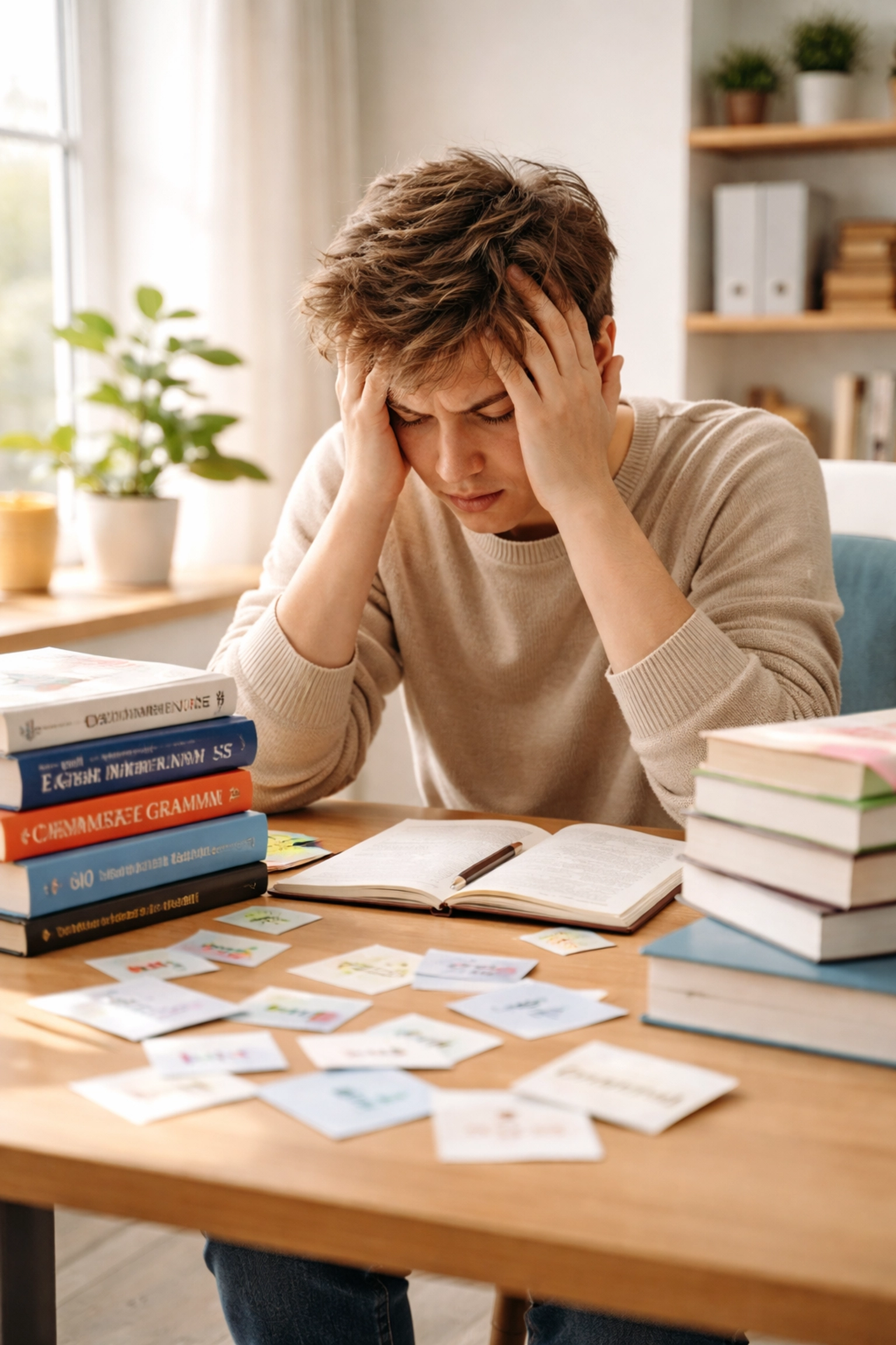 Young adult looking overwhelmed by grammar books, highlighting the challenges of traditional English learning methods