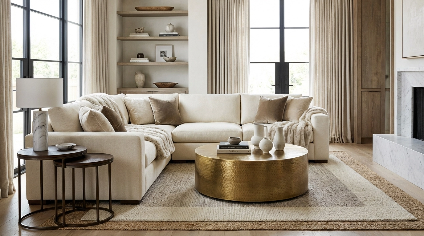 Modern luxury living room with brass coffee table, nesting tables, and performance fabric sofa for event styling