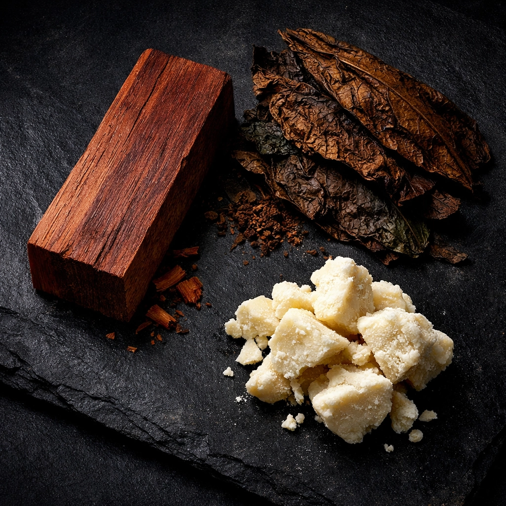 Natural ingredients like cedarwood and shea butter used in Cigarwood scented deep conditioning beard butter.