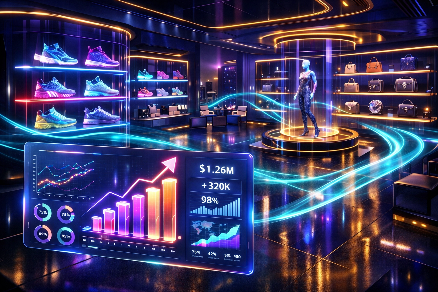 Immersive metaverse storefront showcasing AI spatial intelligence and interactive digital product displays for Web3 retail.