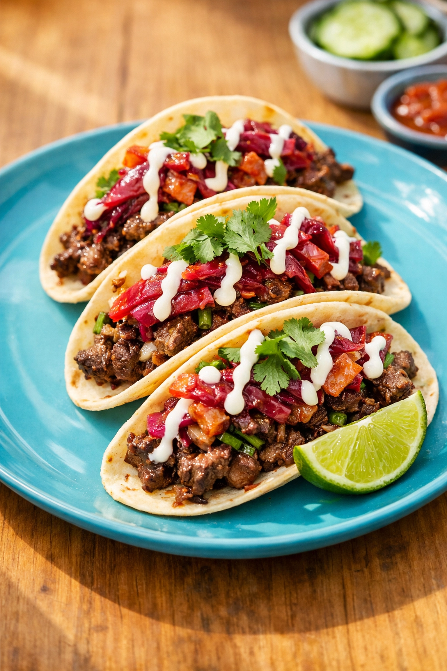 Korean fusion tacos filled with bulgogi beef, kimchi, and creamy sauce on a plate