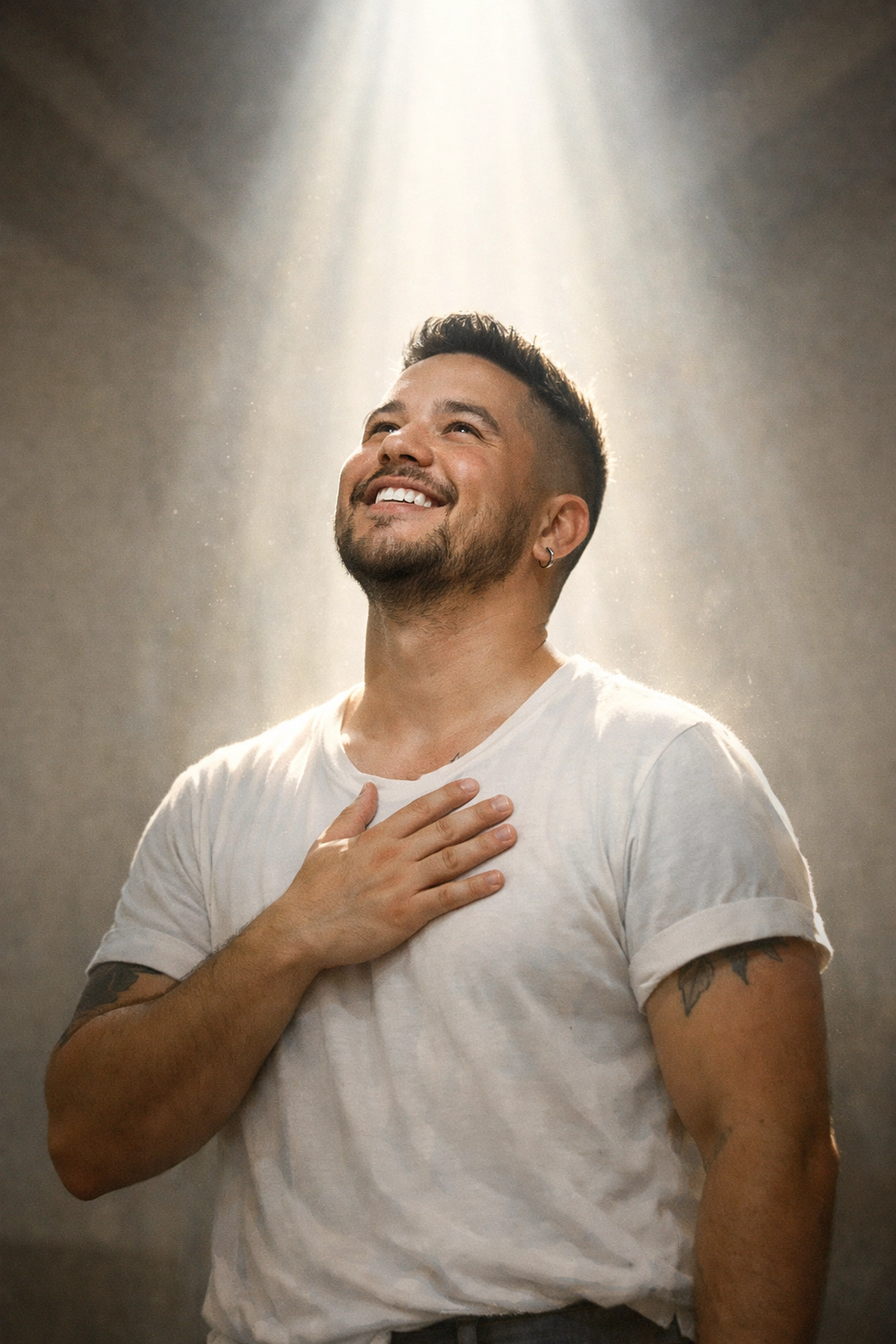 A joyful trans man in a beam of light, symbolizing the sacred nature of gender affirmation and inner peace.