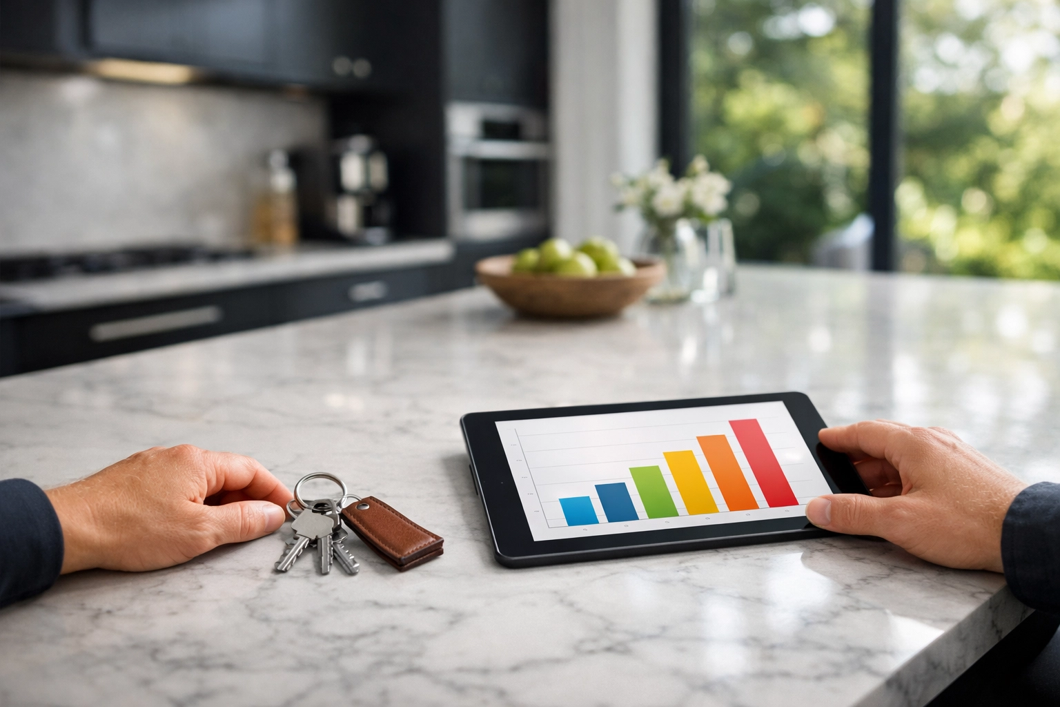 House keys and a tablet on a kitchen counter showing mortgage comparison and potential savings.