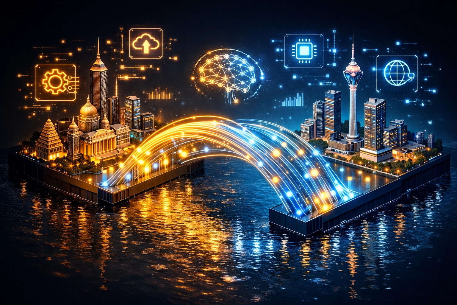 Digital network connecting India and Sri Lanka tech hubs for AI and bilateral business growth.