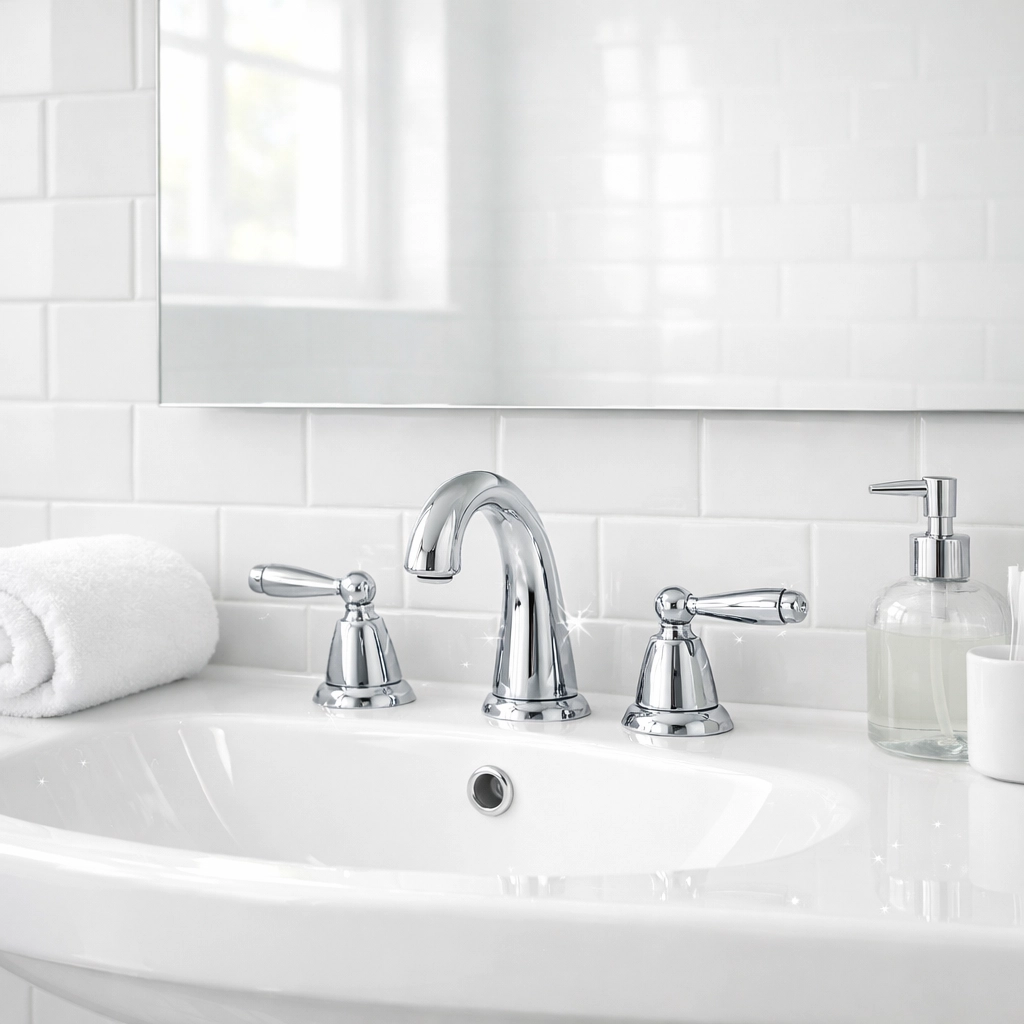 Freshly cleaned apartment bathroom with polished fixtures and gleaming white surfaces