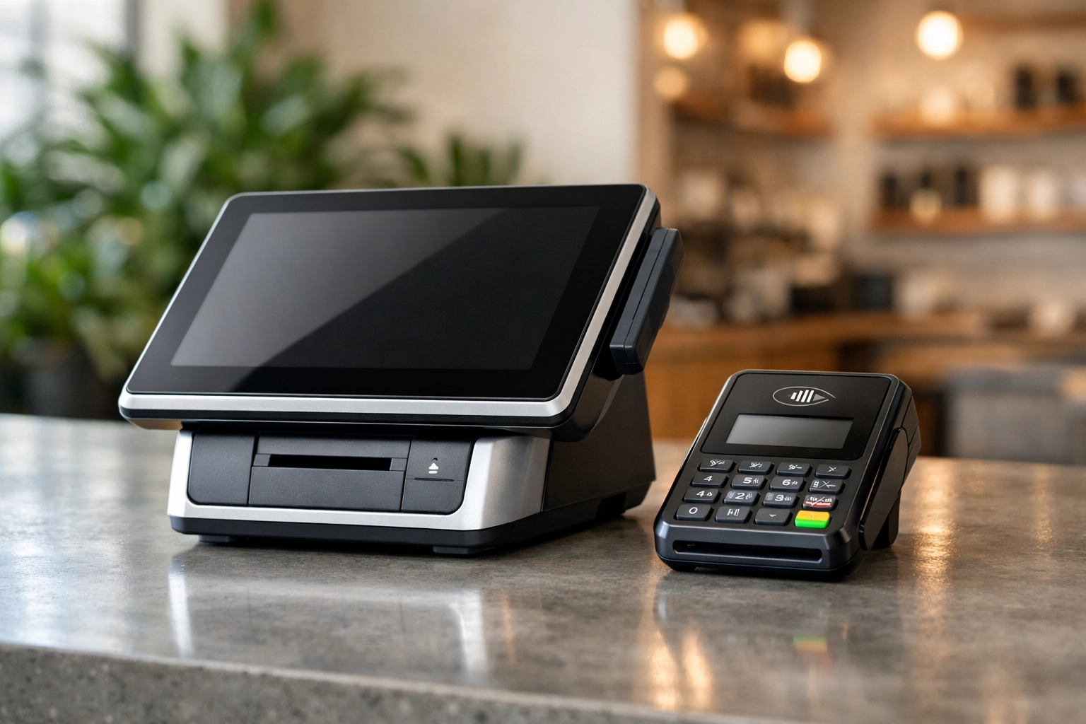 Close-up of a high-quality Epos Now till system terminal and card reader in a minimalist retail space.
