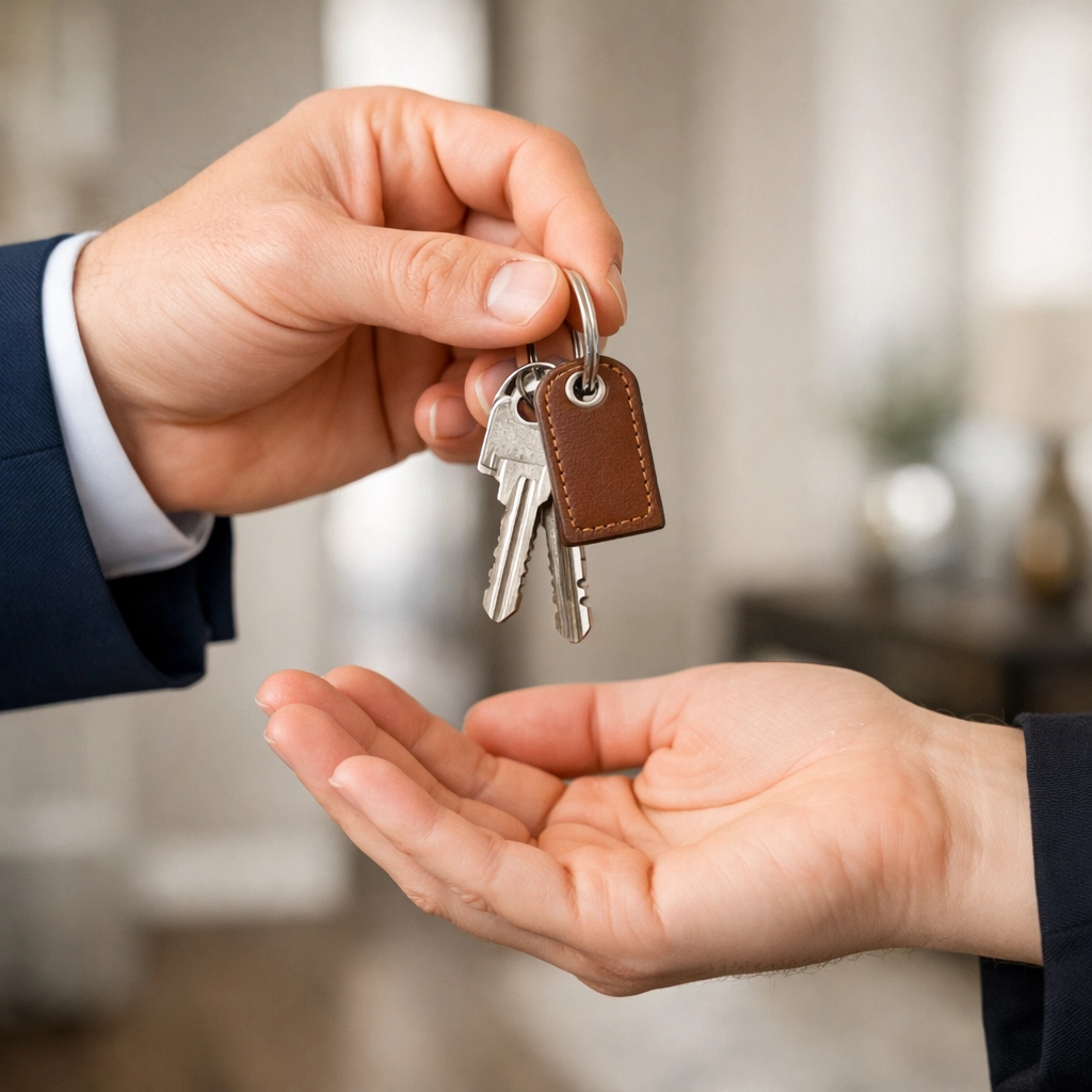 Hands handing over keys at a real estate closing in the NC Triangle or Triad area. Hands handing over keys at a real estate closing in the NC Triangle or Triad area.