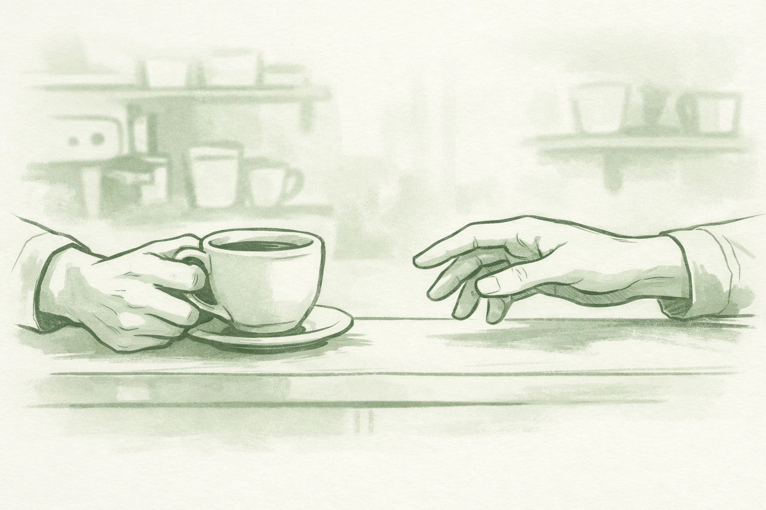 Two men's hands reaching across coffee counter - MM romance connection moment