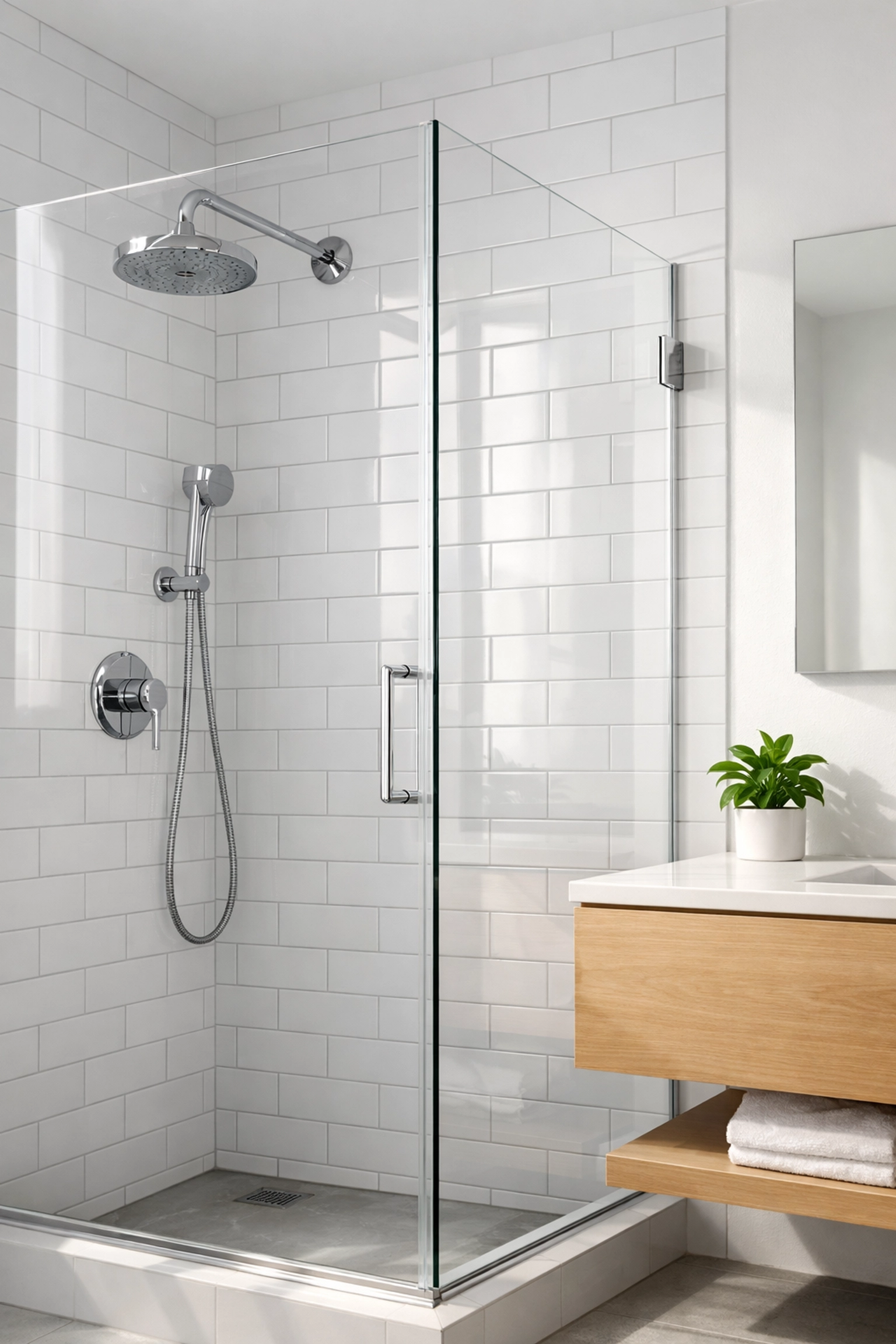 Clean apartment bathroom with sanitized white tiles and a streak-free glass shower door.