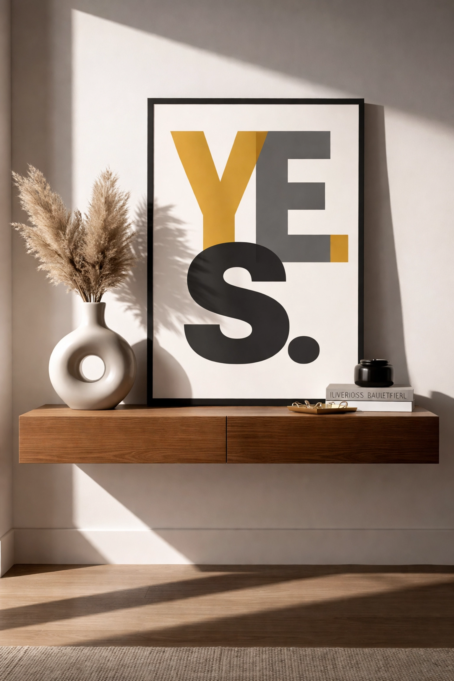 Entryway with minimalist typography wall art, design books, and decor, highlighting creative digital wall art download ideas.