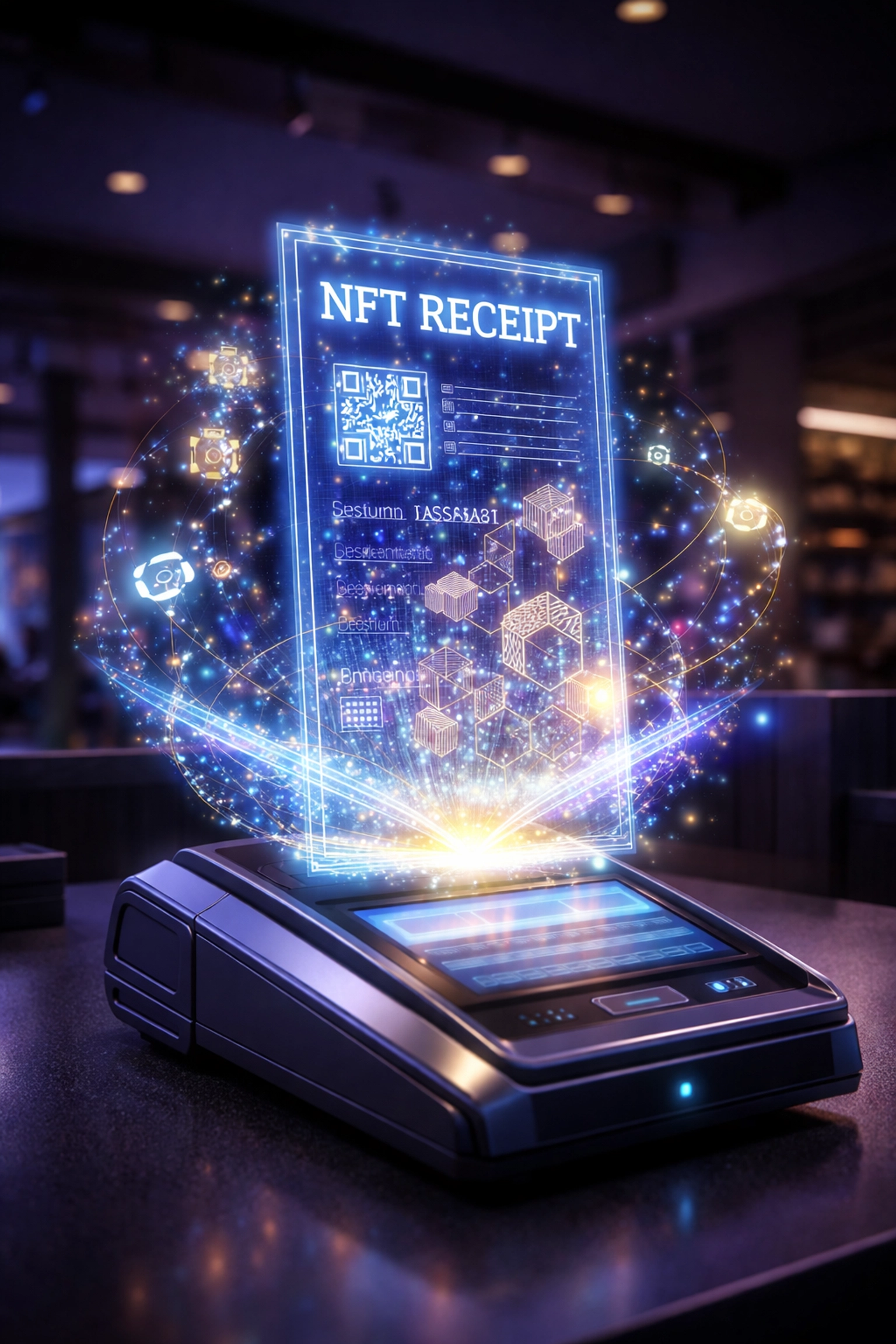 Digital NFT receipt hovering above payment terminal representing blockchain-verified crypto transactions