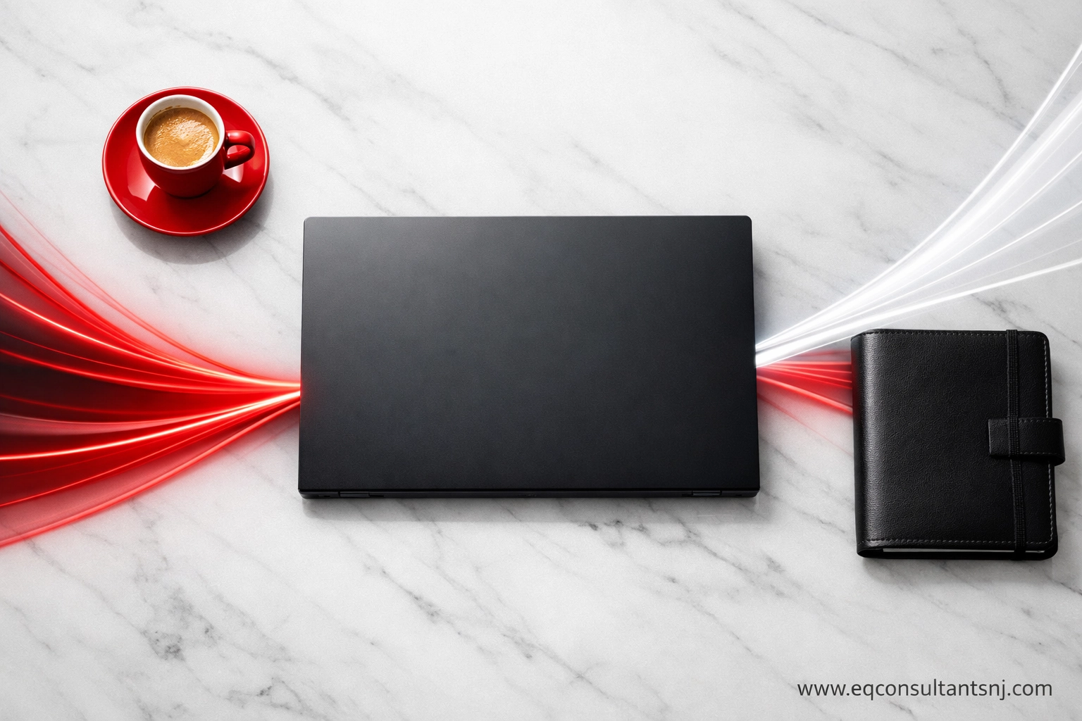 Modern workspace showing digital data streams flowing into a laptop for QuickBooks workflow automation.