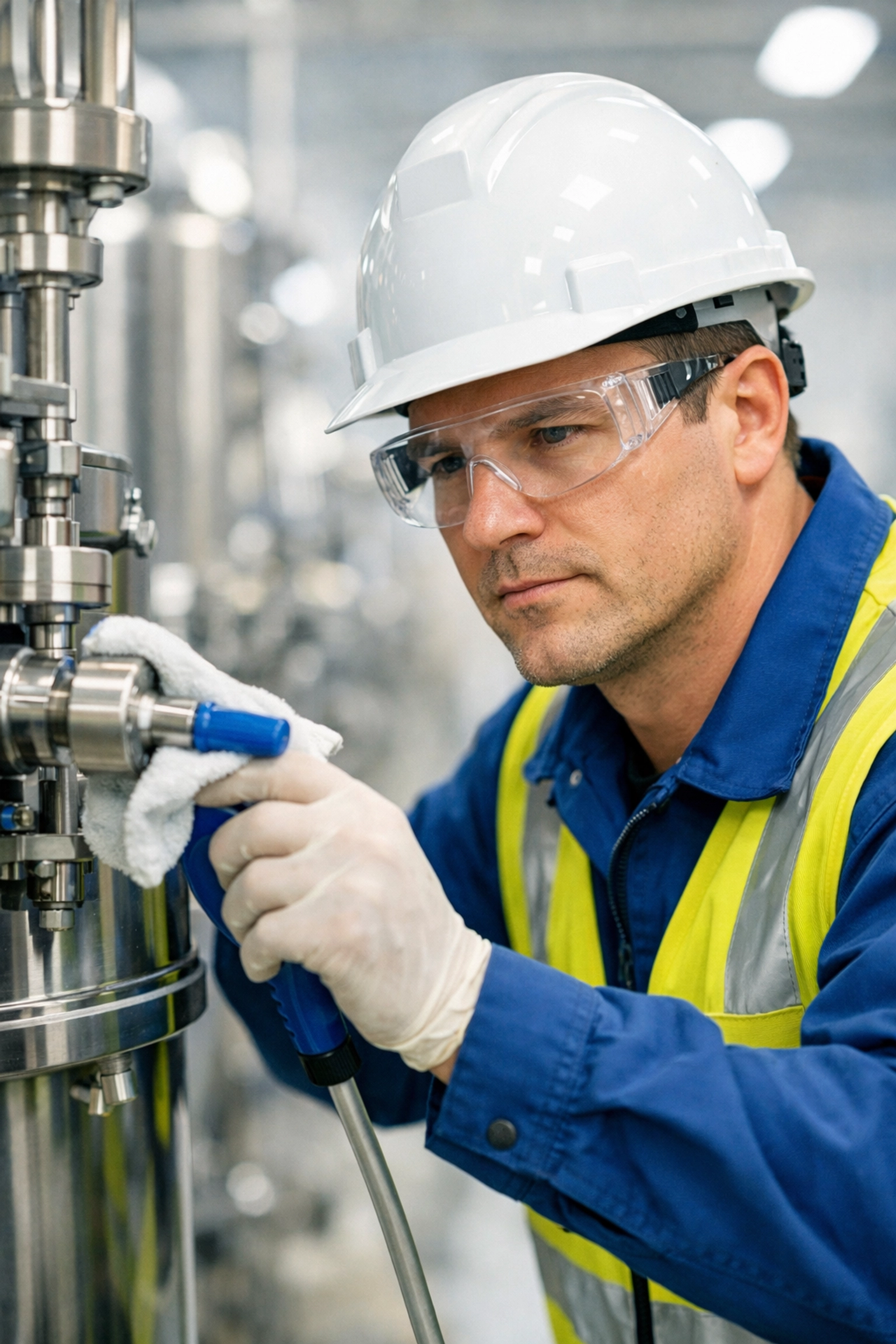 Industrial cleaning specialist in safety PPE performing precise maintenance on factory machinery.