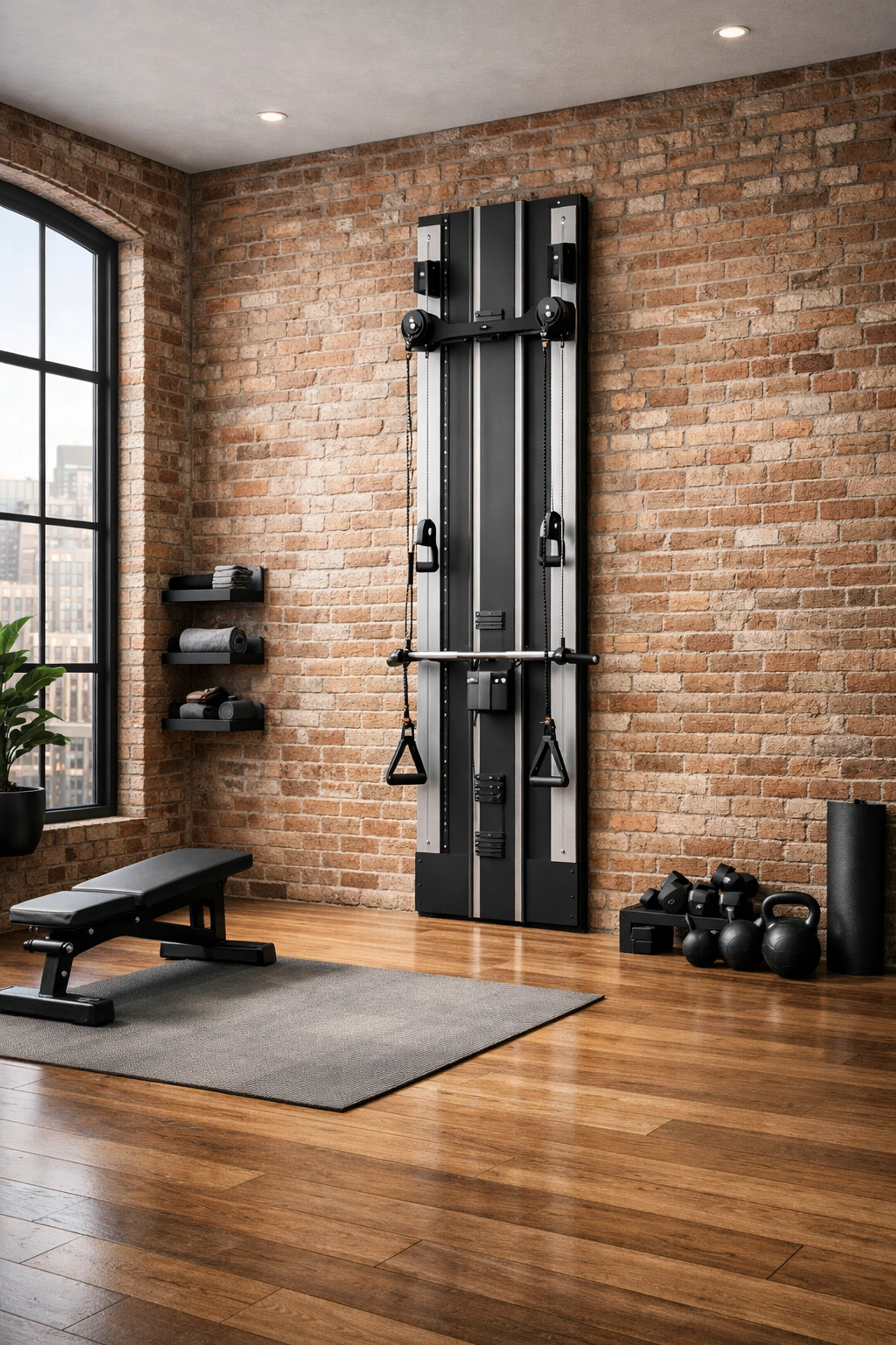 Minimalist versatile home gym featuring a space-saving floor to ceiling resistance training rail system.