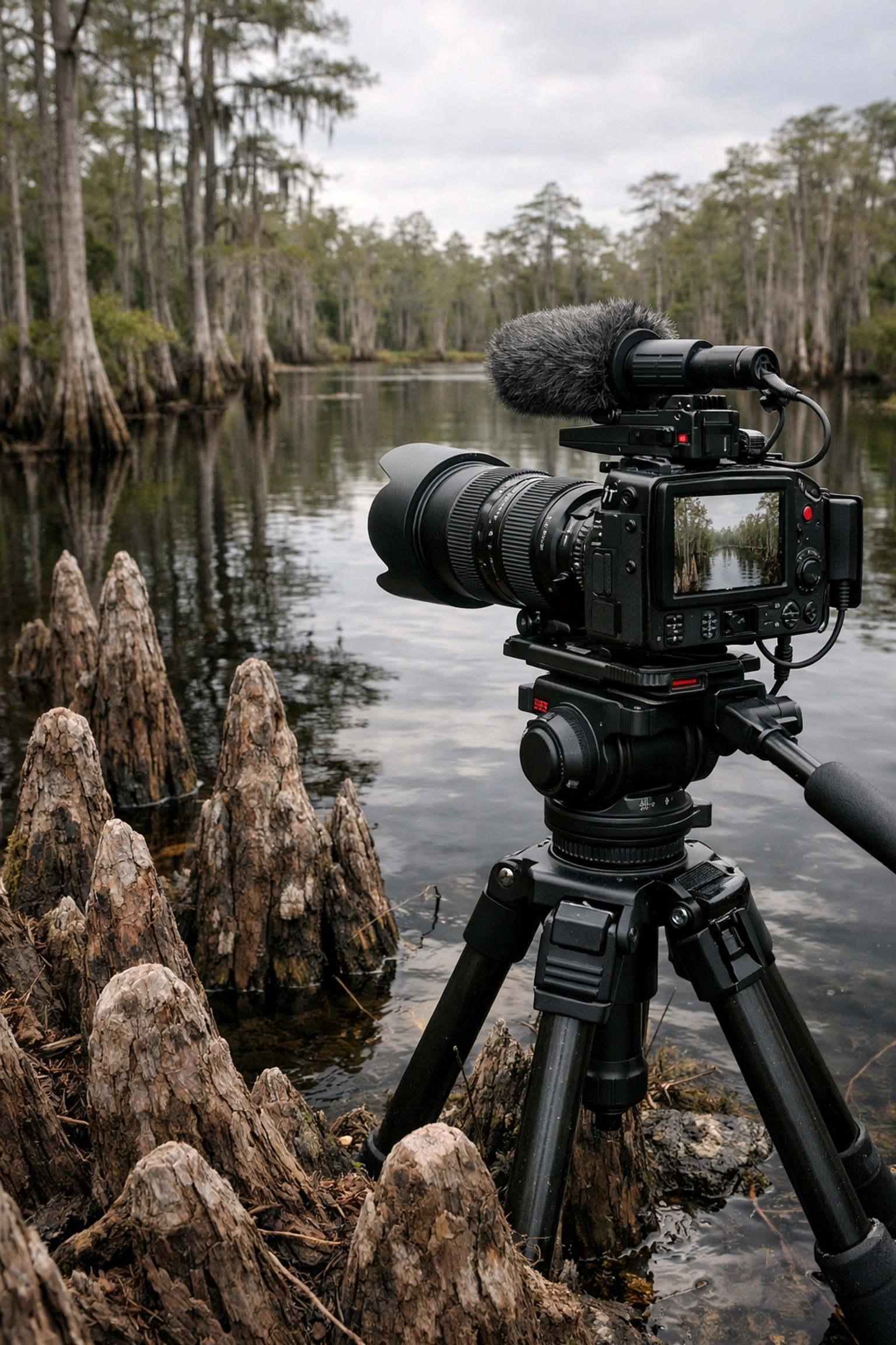 Camera on a tripod in Big Cypress National Preserve, capturing the rugged beauty of the Florida swamps.