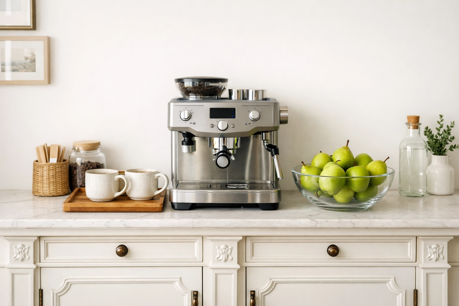 Victorian-style white kitchen cabinet styled as a high-end coffee bar station for an easy, functional home update.