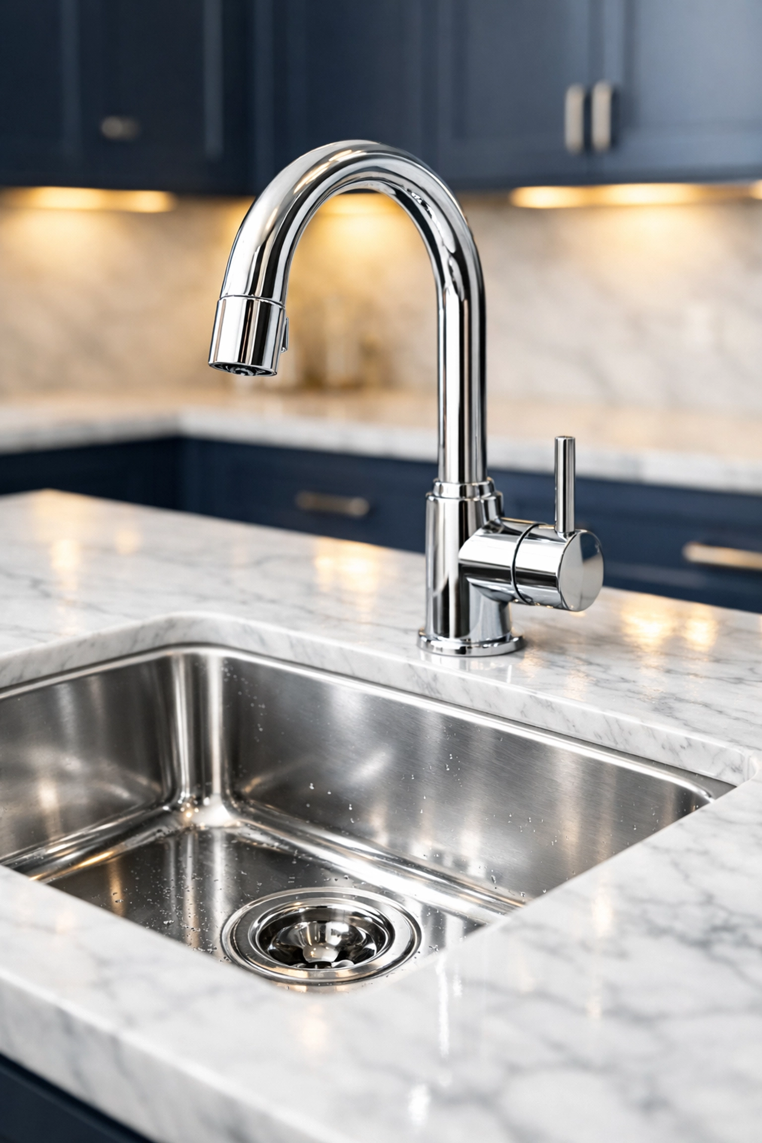 Spotless marble kitchen sink and countertop after a professional deep clean by Lunenburg cleaning experts.