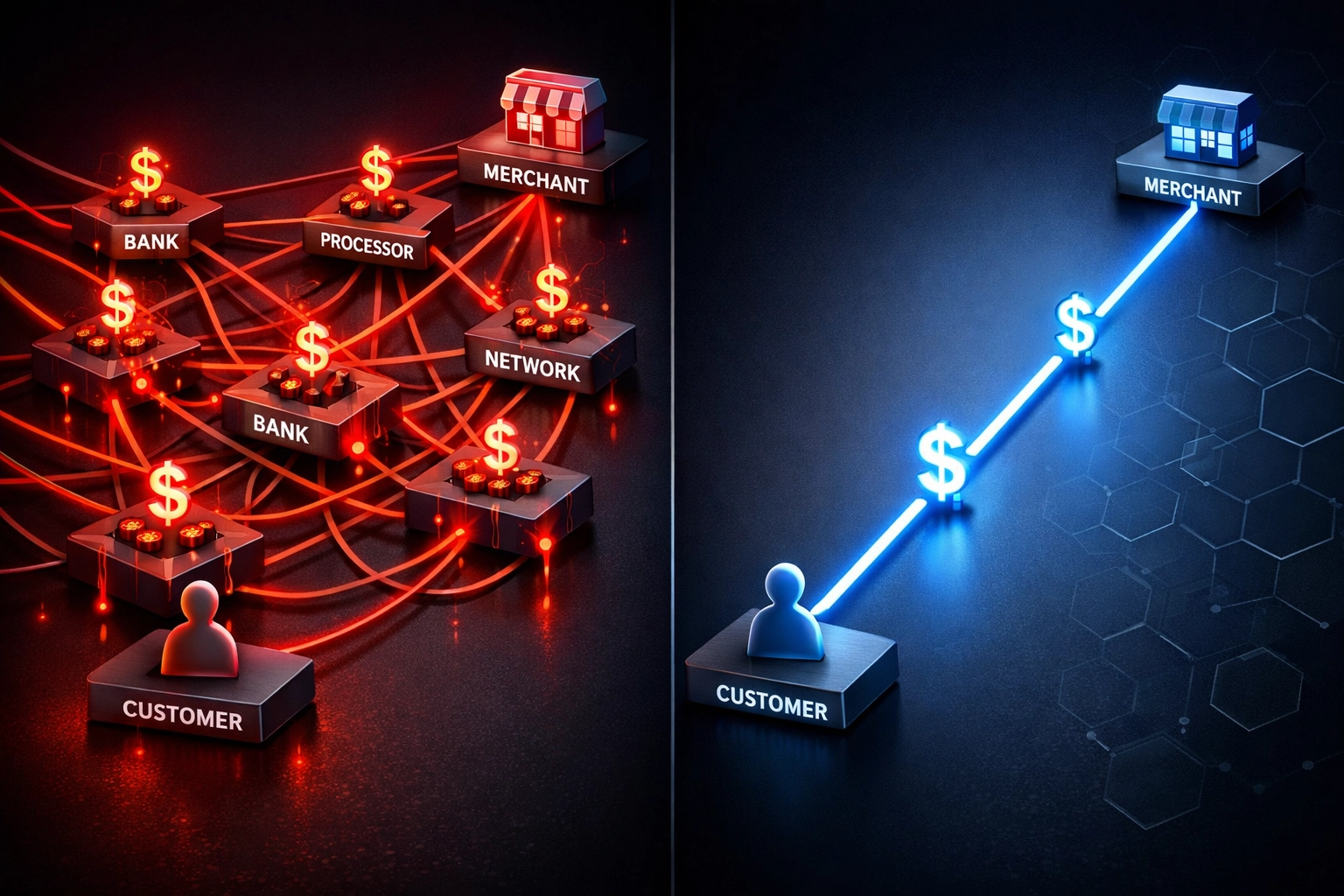 Traditional payment processing vs Web3 direct payments comparison showing fee reduction