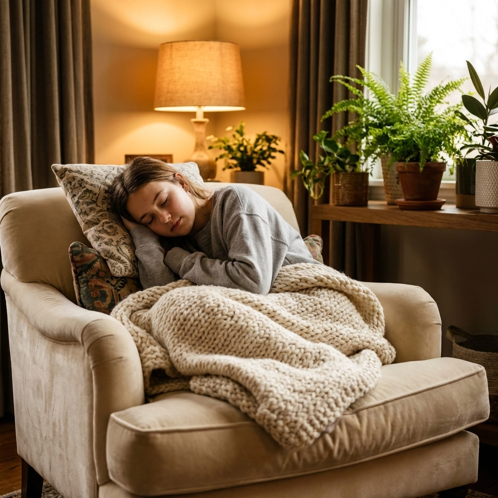 A relaxed teen girl feeling safe and comfortable in a warm, trauma informed residential care environment.