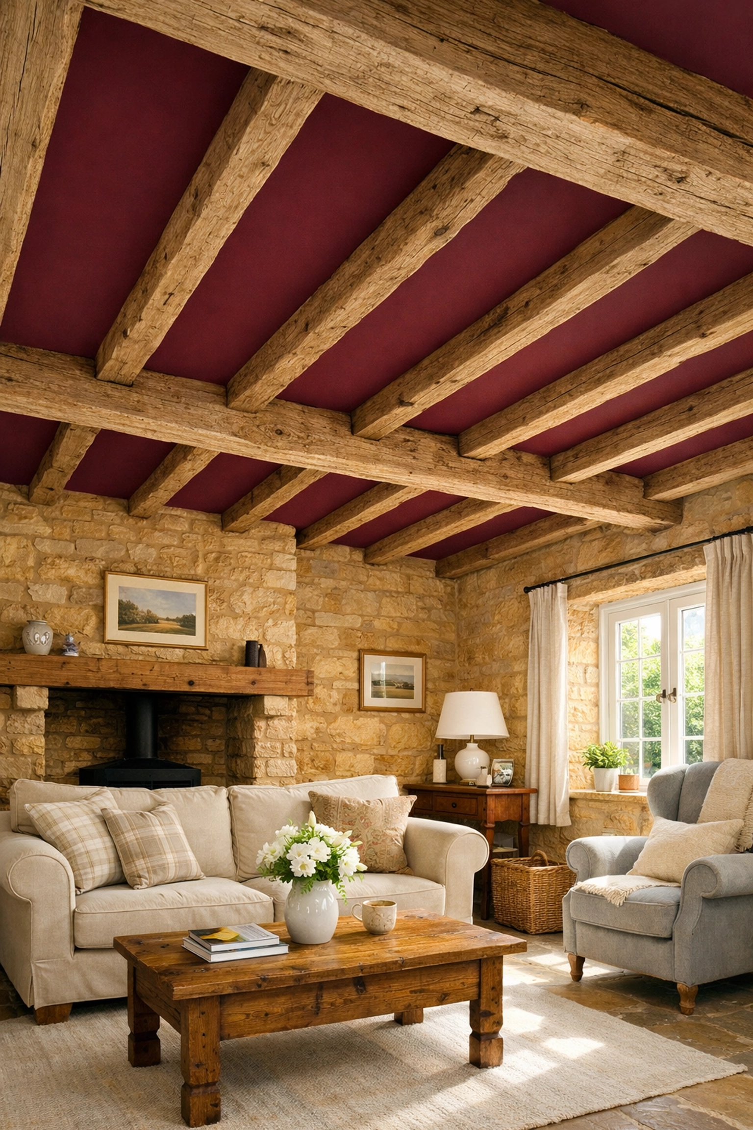 Maroon painted feature ceiling panels between oak beams in a Cotswold stone living room.