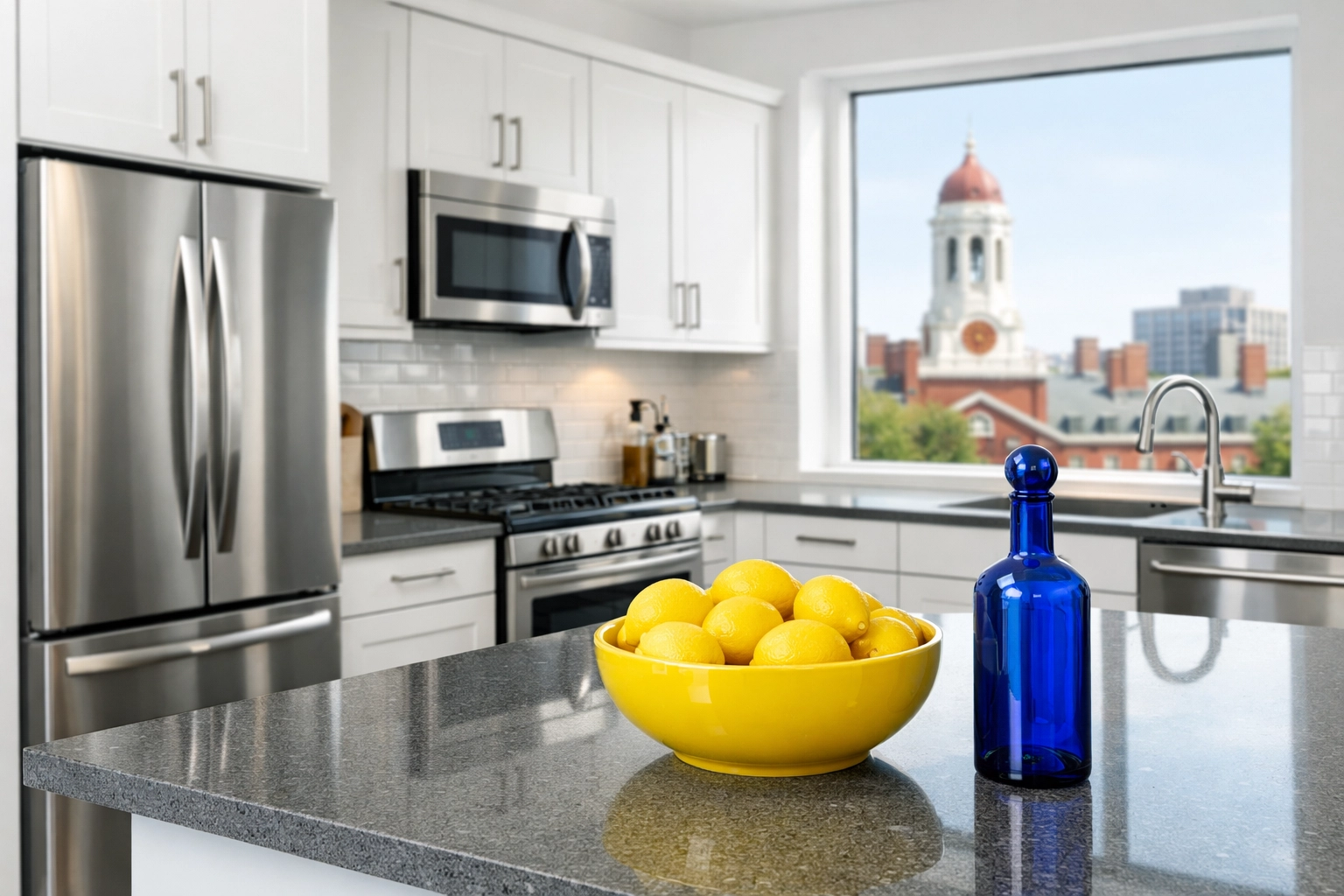 Pristine white kitchen in a Central Square loft after a professional move-out cleaning service.