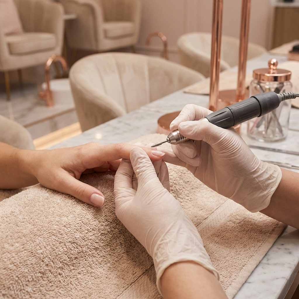 Close-up of a skilled nail technician performing a Russian manicure in a luxury Massachusetts nail salon.