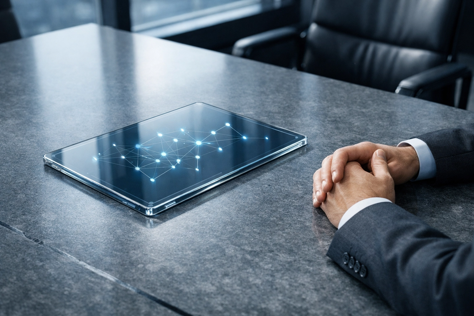 Strategic planning for lifelong learning programs visualized through a minimalist digital interface in a boardroom.