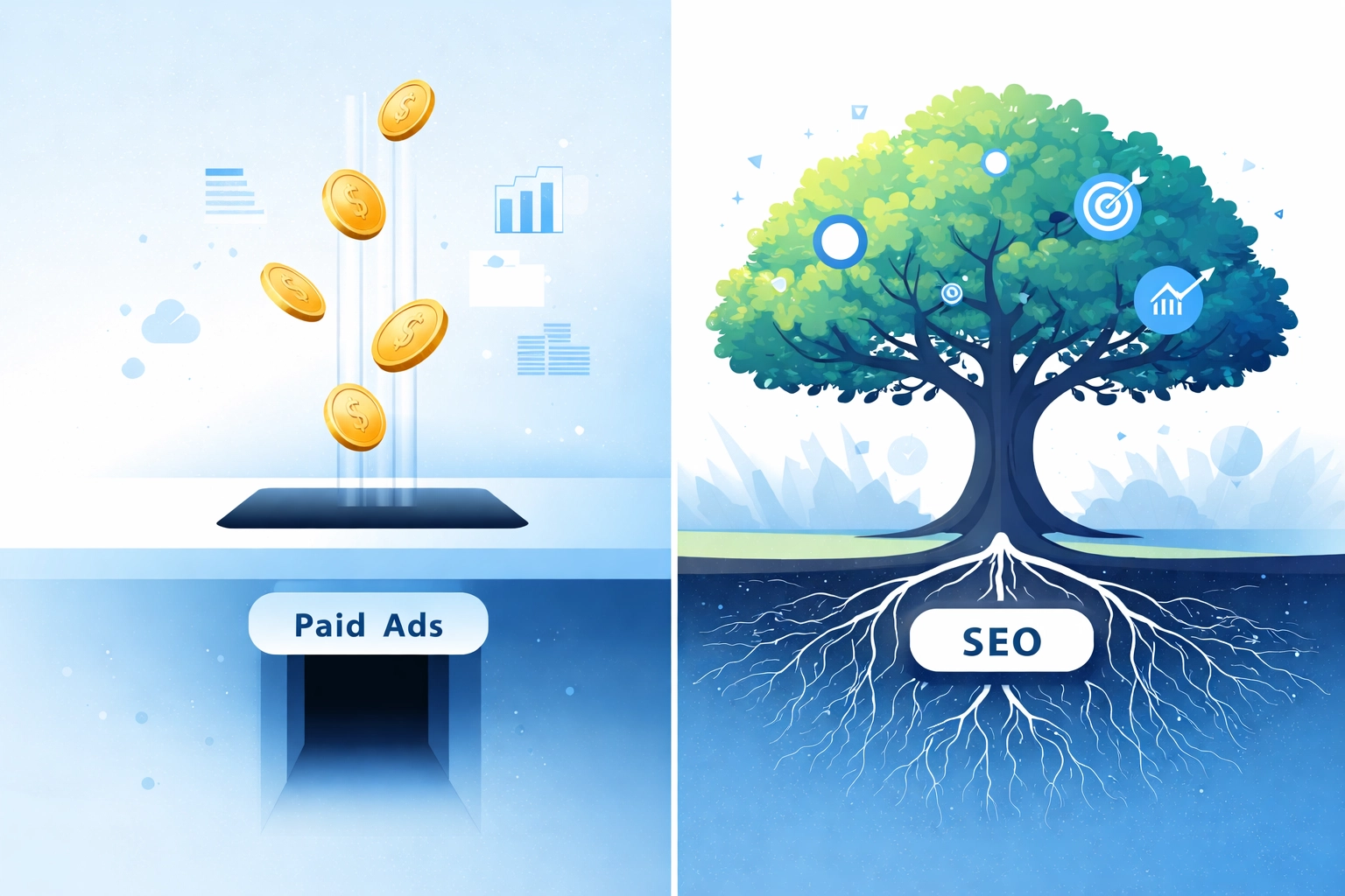 Split scene comparing temporary paid ads to long-lasting SEO results with a strong tree, emphasizing sustainable online growth